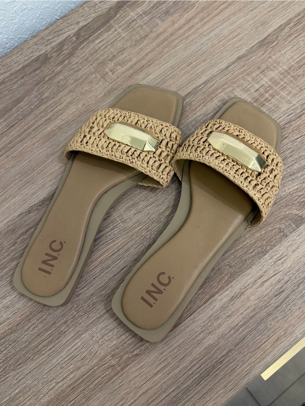 INC International Concepts Woven Tan Slide Mules with Gold Accent